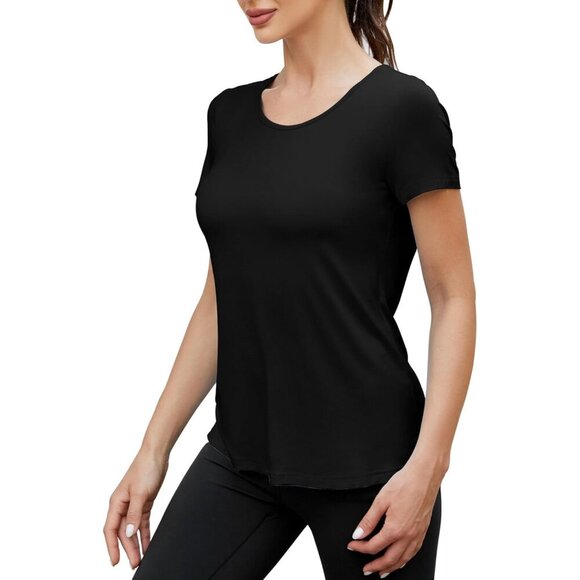 Open Back Workout Top Women Light Fabric Short Sleeve Yoga Gym Athletic - Picture 2 of 5